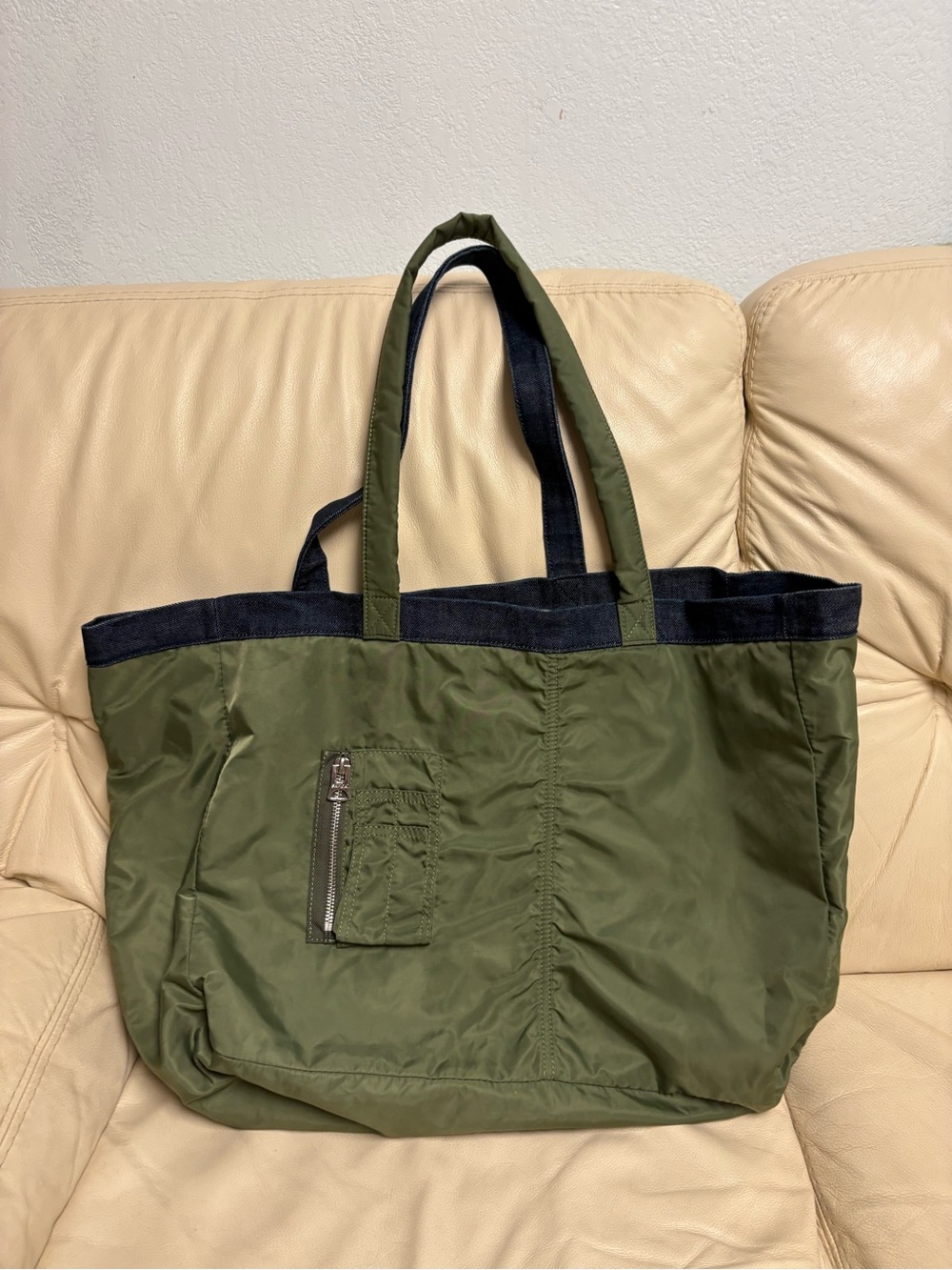 SACAI x APC Large Denim Tote Bag Reversible Green Nylon Bomber Jacket Style - Picture 6 of 13